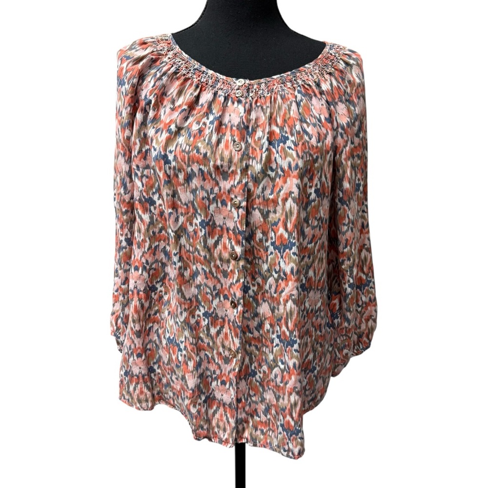 Sundance Silk Boho Blouse Orange Blue Ikat Peasant Top Large Button Front